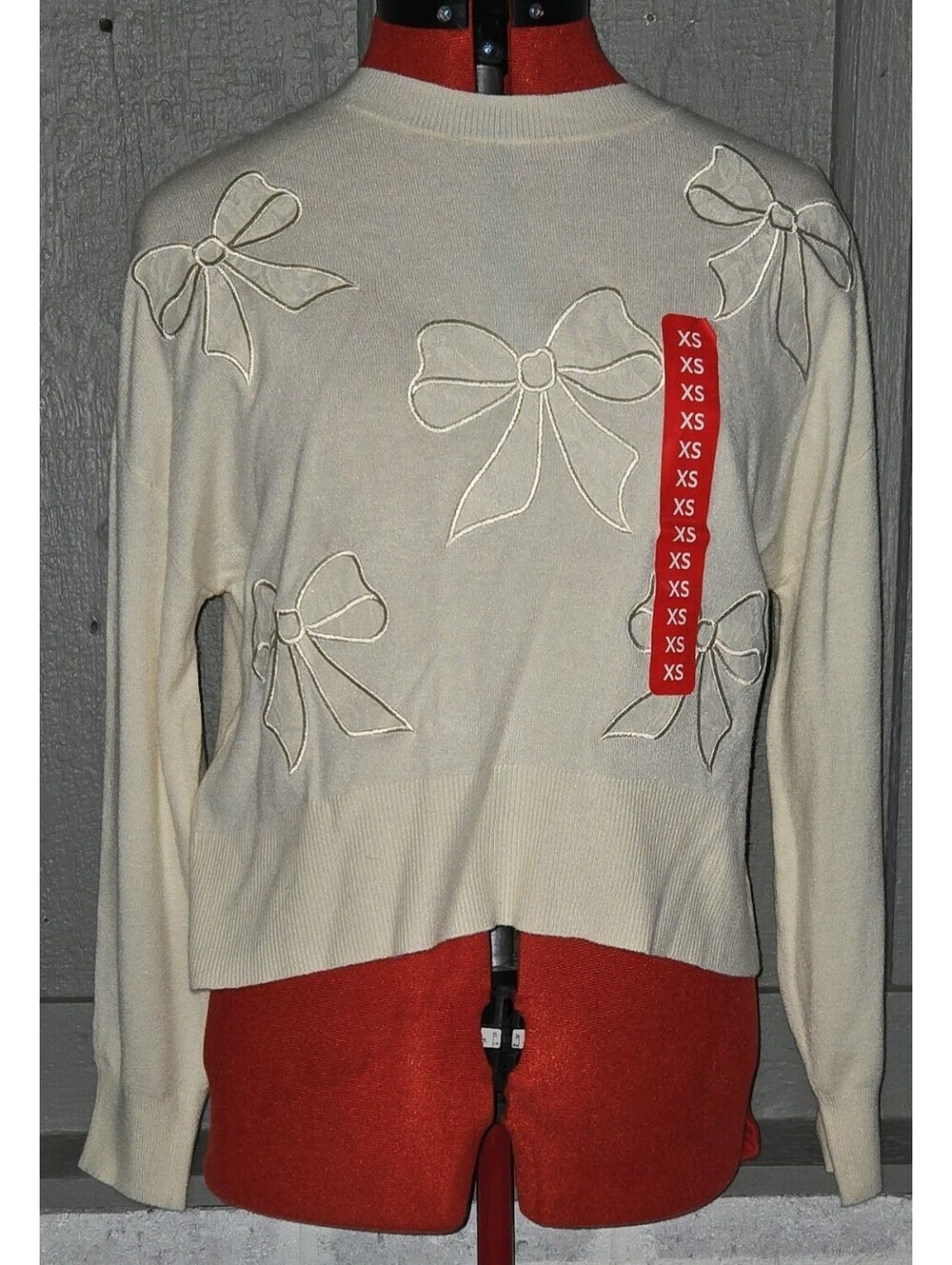 Bridgerton Women's Cream Knit Pullover Sweater XS Crew Neck Lace Bow Applique